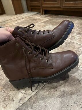 Vintage Danexx Brown Leather Combat Lace Up Lug Sole Plaid Lined Boots Size 7.5
